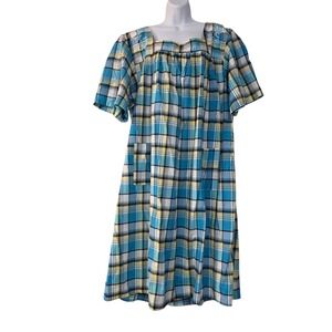 Country Store Nightgown Womens Blue Yellow 3X‎ Plaid Square Neck Embroidered